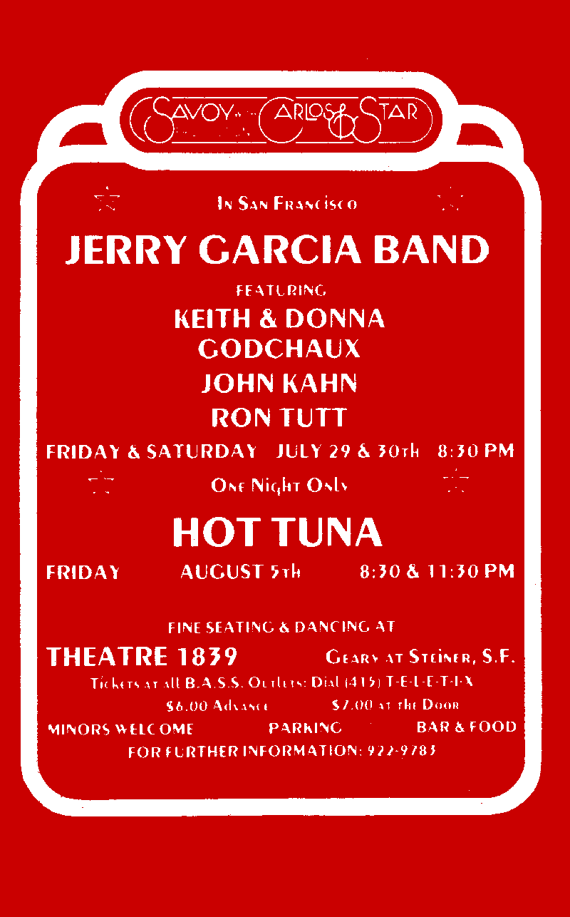 Jerry Garcia Band and Hot Tuna at Theatre 1839 poster